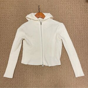 Ribbed Knit Cropped Hoodie Zip-Up Cream